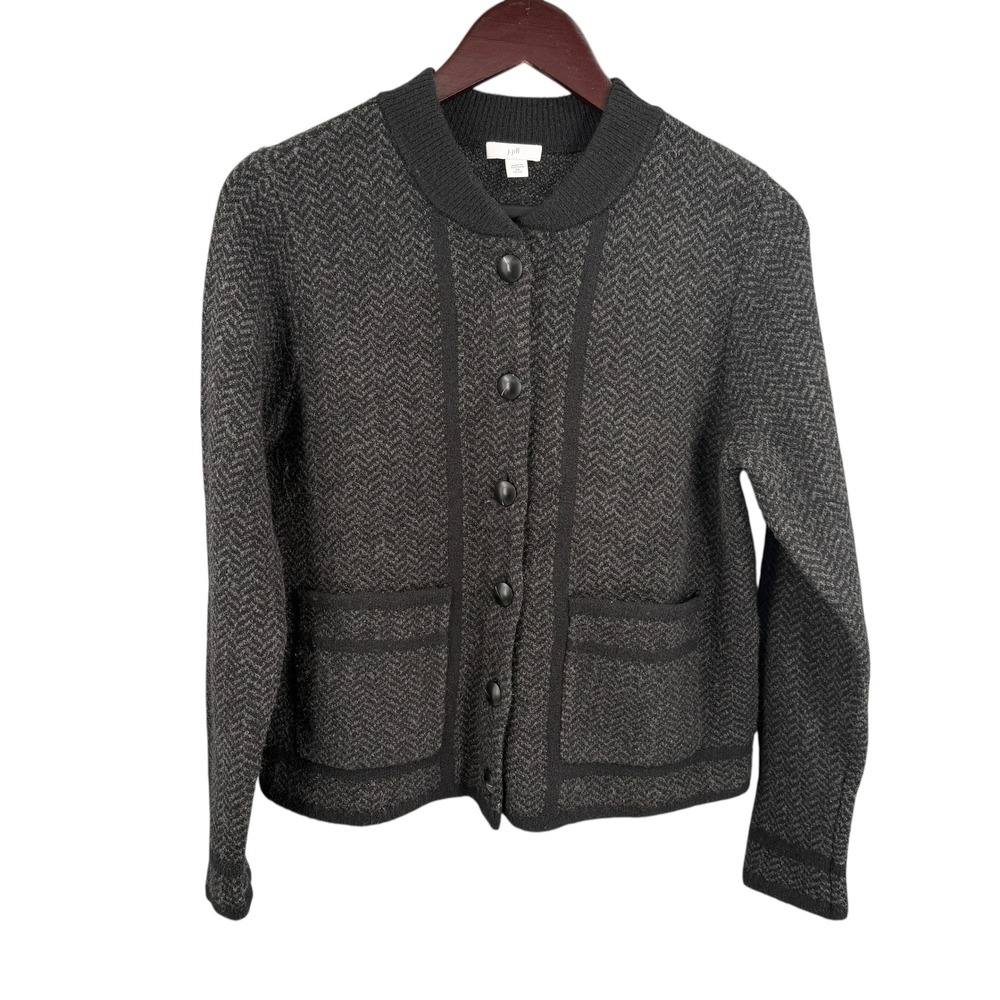 J. Jill Petite Wool Blend Button Cardigan Sweater XS Gray Black Herringbone Knit